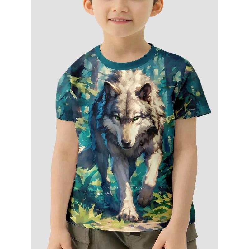 3D Wolf Printed T-shirts Fashionable Casual Short Sleeved Children's Boy T-shirts - Soft Medium Stretch Polyester Fabric Summer Relaxed Fit Clothing