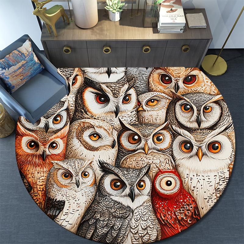 Owl Collage Round Area Rug,Carpet Rug for Living Room Bedroom Sofa Playroom Decor,Non-slip Floor Mat