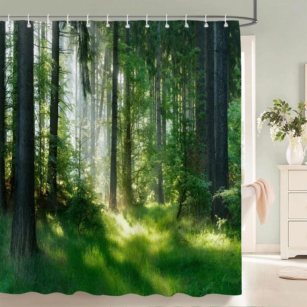 Forest Scenery Printed Fabric Shower Curtains Autumn leaves Tree leaf Bath Screen Waterproof Products Bathroom Decor with Hooks