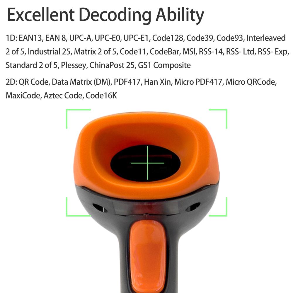 Handheld 1D2DQR Barcode Scanner BT+2.4G Wireless USB Wired Bar Code Reader Manual  Continuous