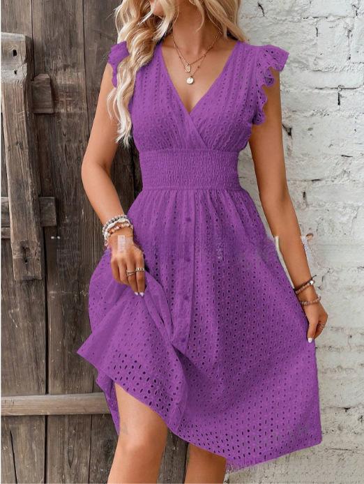 European and American summer new lotus leaf sleeves elegant and thin V-neck women's clothing fashionable large-size hollow dress children