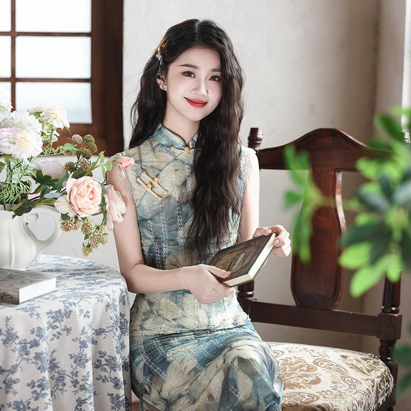 Striped sleeveless national style new Chinese Suzhou long cheongsam improved young women's high sense can be worn daily in summer