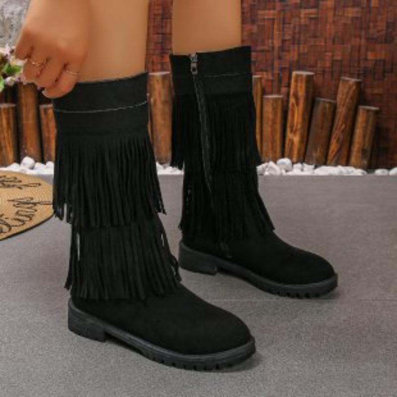 Autumn new multi-layer fringed boots low heel casual boots high boots-4 large size boots