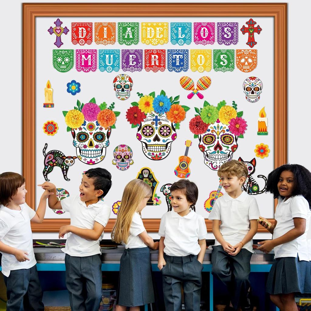 Pasimy Day of The Dead Bulletin Board Set Colorful Sugar Skull Classroom Decorations Mexican Dia De Los Muertos Cutouts with 3D Paper Flowers for