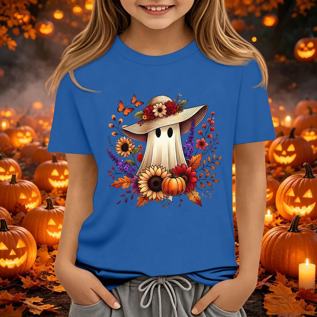 Kids Halloween Printed Short Sleeve T-Shirt Loose Fit Round Neck Casual Tee