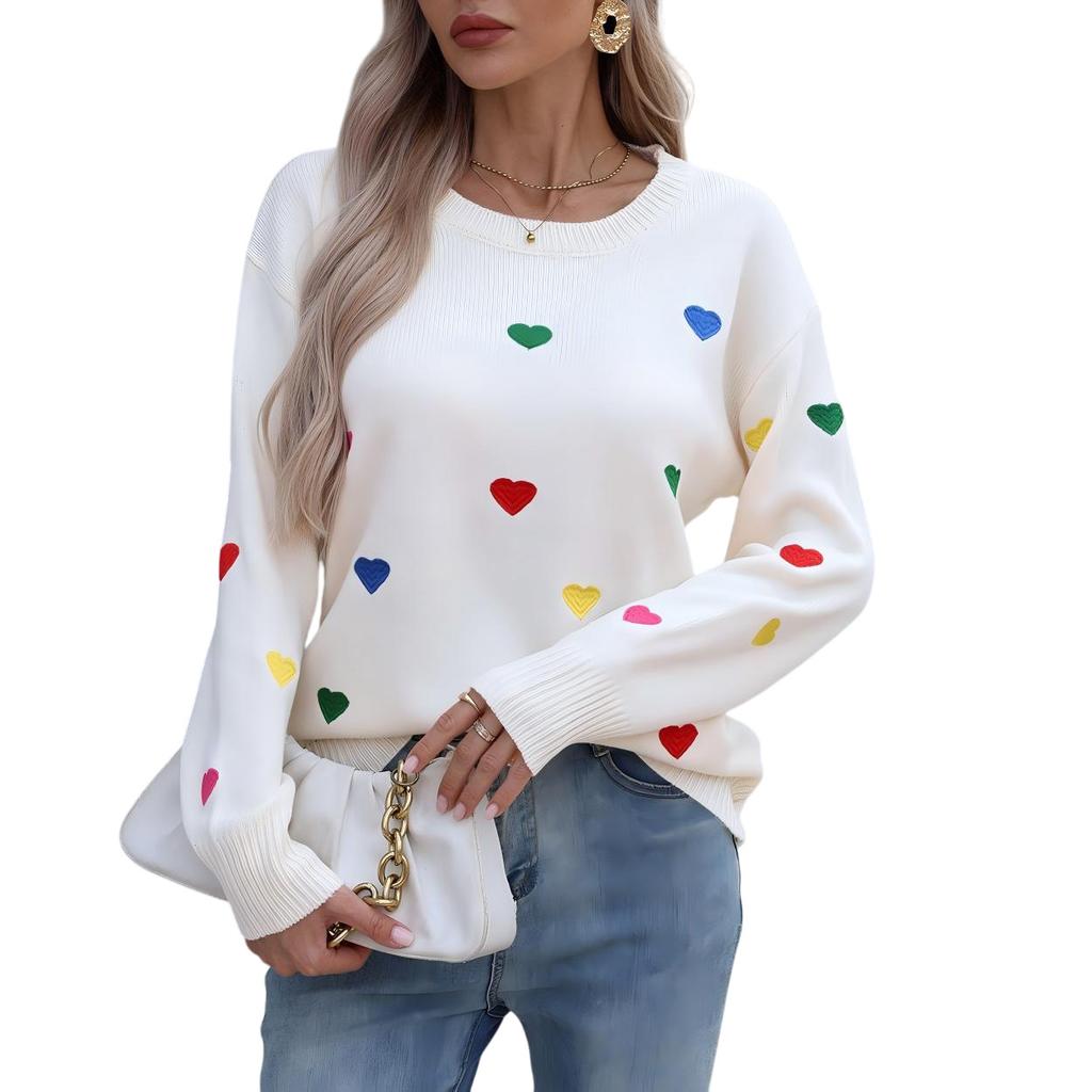 European and American autumn and winter sweater women's clothing, colored love jacquard crew neck pullover women's clothing