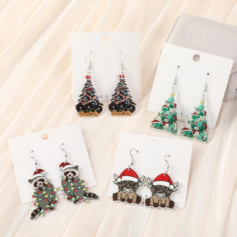 1Pair Christmas Drop Earrings Creative Acrylic Cute Cat Tree Raccoon Fashion Jewelry For Woman Girl Holiday Birthday Gift