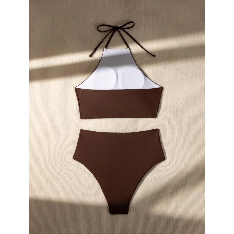 Sexy Halter Pleate Bikini Set 2026 Women Coffee Push Up Crop Top with High Waist Swimsuit Summer Holiday Bathing Suit Swimwear
