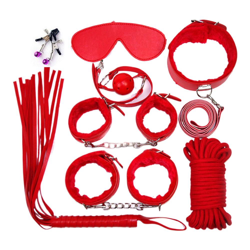 Sexy Leather BDSM Kits Plush Sex Bondage Set Handcuffs Sex Games Whip Gag Nipple Clamps Sex Toys For Couples Adults Games