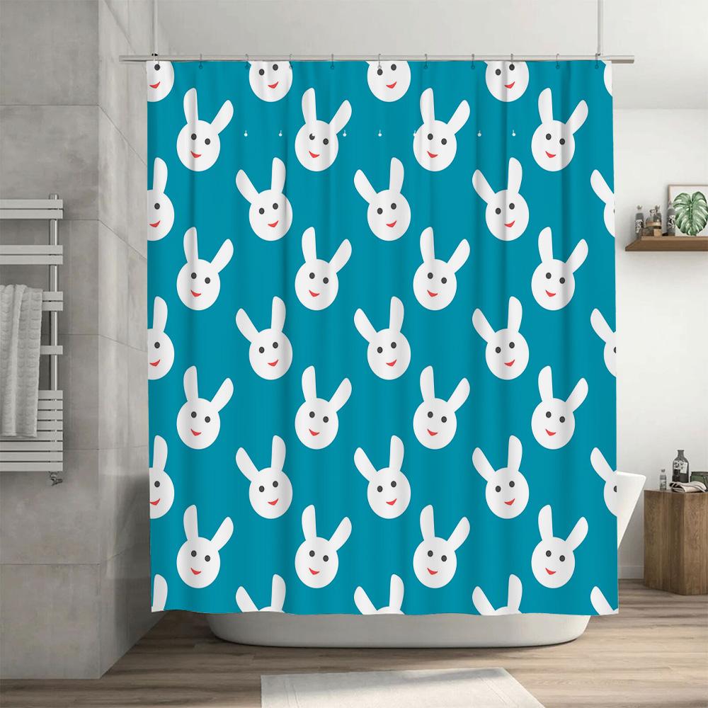 Blue Bunny Face Shower Curtain With Rabbit Pattern For Bathroom Decor Waterproof Fabric For Home Use