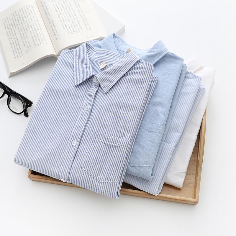 Casual Cotton Women's Oxford Shirt Autumn Good Quality Woman Blouse and Tops Lady White Blue Striped Shirts Clothes