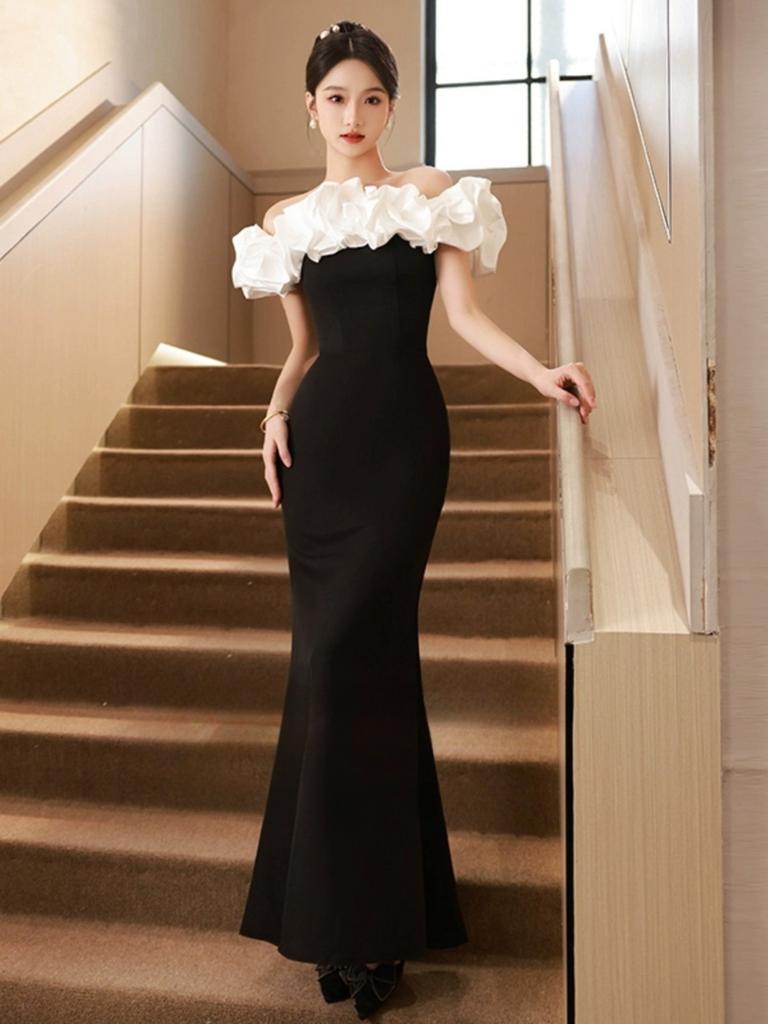 Premium French Black One-word Shoulder Temperament Socialite Banquet Dress Host Dress Slim Fishtail Dress