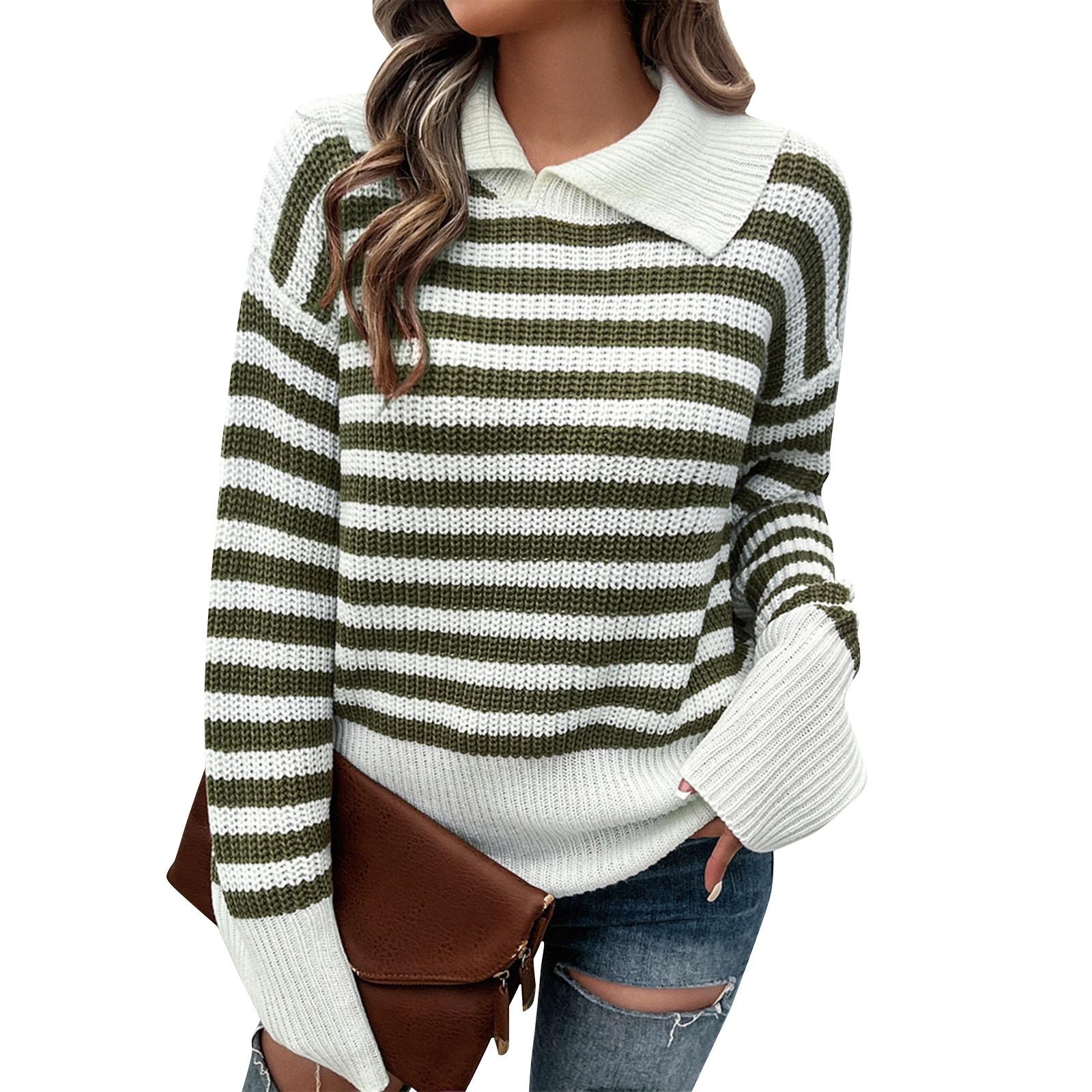 Women s Casual Fashion Comfortable Temperament Loose Striped Contrast Color Lapel Sweater Top L армия зеленый 2539₽