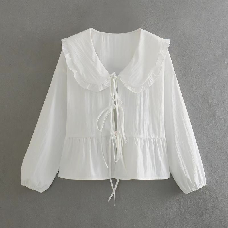 

Fashion Style New Fashion Casual Easiest for Match Doll Collar Lace up Shirt Lace up Doll Neck Shirt White M