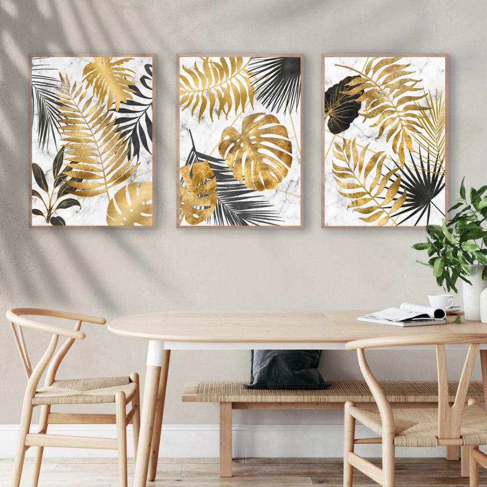 Abstract Modern Golden Leaves Monstera Posters Prints Plants Canvas Paintings Interior Cuadros Home Wall Art Decor Pictures