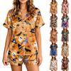Damen Halloween Print Kurzarm Top mit Tasche und Shorts Pyjama Set Leichte Bequeme Nachtwäsche Zweiteilige Loungewear