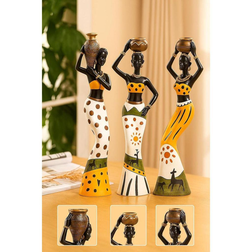 Beautiful Finish Uniquely Hand Crafted Home Dcor African Tribal Women Art Piece - (Set of 3, Multicolour), Resin