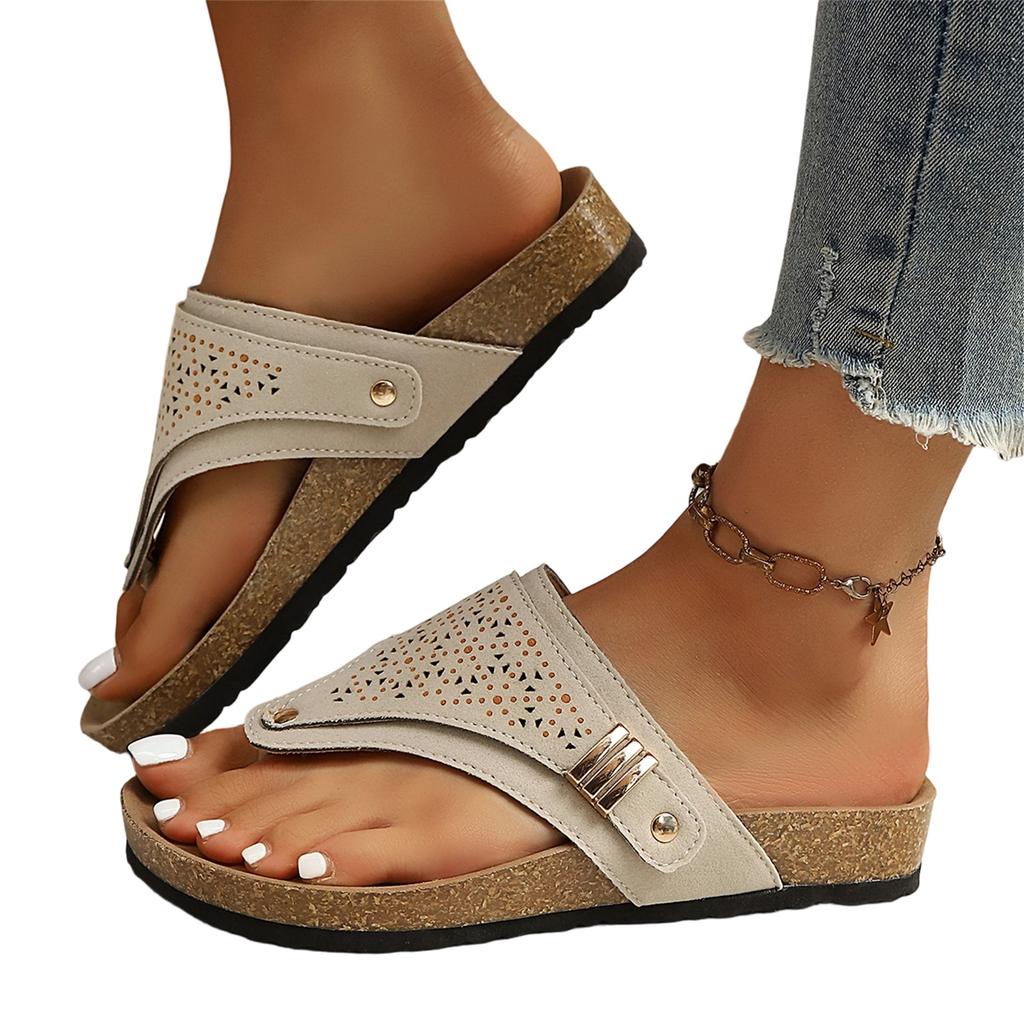 Women Plus Size Casual Hollow Out Toe Post Flip Flop Sandals Lightweight Comfortable Slip On Summer Beach Footwear