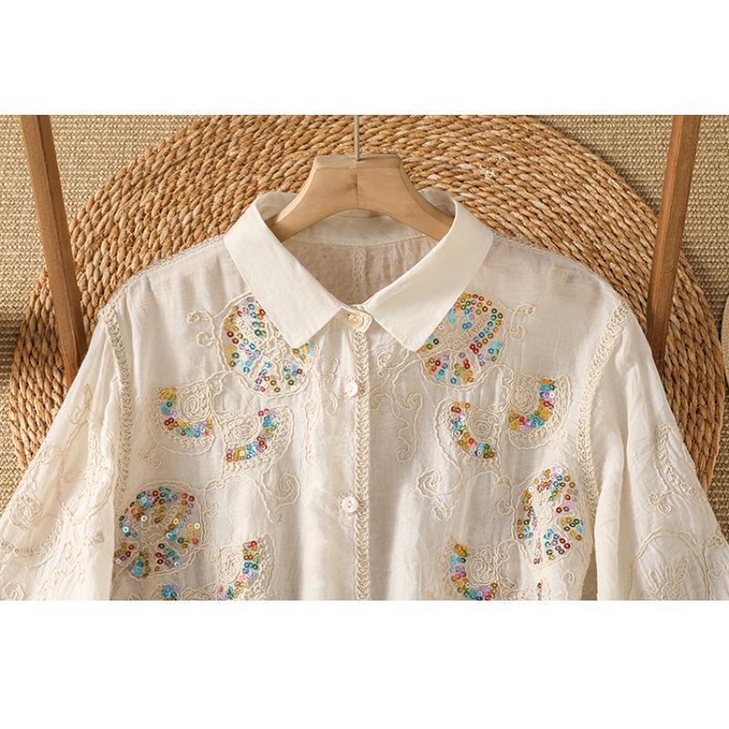DIMANAF 2026 Women Blouse Plus Size New Autumn Shirt Long Sleeve Embroidery Lace Floral Casual Loose Thin Lady Tops Shirts Beading