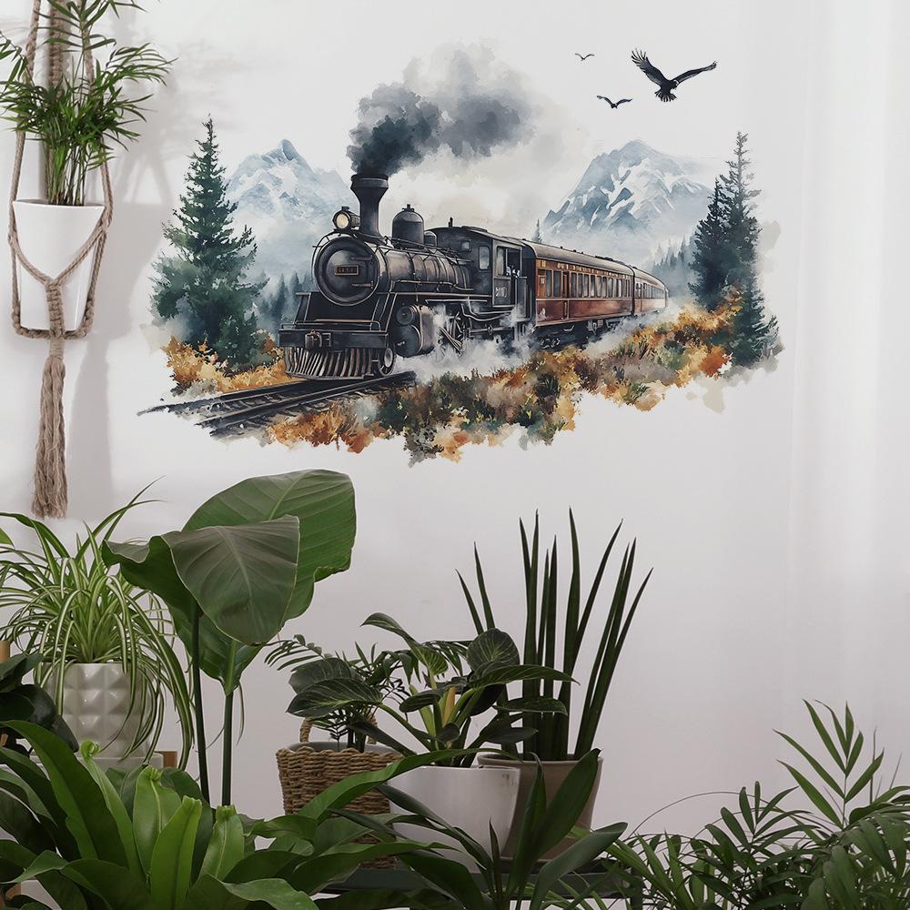 Artistic Watercolor Journey Train Wall Stickers Whimsical Self-Adhesive Wall Art for Bedroom and Living Room Home Decor