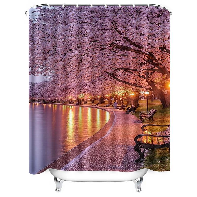 Cherry Blossom Path by the Lake Waterproof Shower Curtain Heat Resistant Machine Washable Non-Transparent 180x180cm
