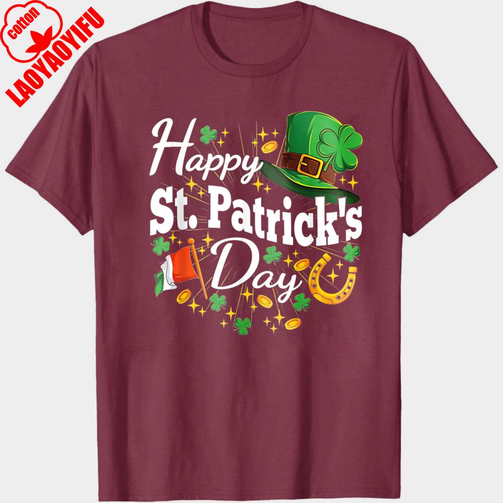 Happy St Patricks Day Irish Hat Shamrocks Horseshoe Flag Party Gift for Him Cotton Short Sleeve Crew Neck Casual Men T Shirt