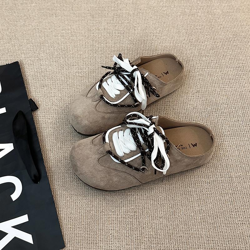 Retro Versatile Fashion Design Sense Niche Baotou Half Slippers Women's Autumn and Winter Lace-up Outer Wear Casual Thick-soled Slippers
