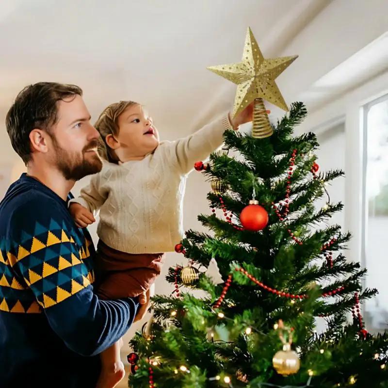 Christmas Tree Topper Decor 3D Glitter Star LED Rotating Snowflake Projector Christmas Tree Ornaments Holiday Party Hanging Lamp