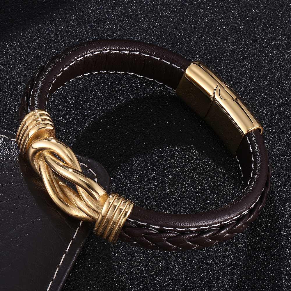 Men's Multi-layer Leather and Gold Stainless Steel Punk Bracelet
