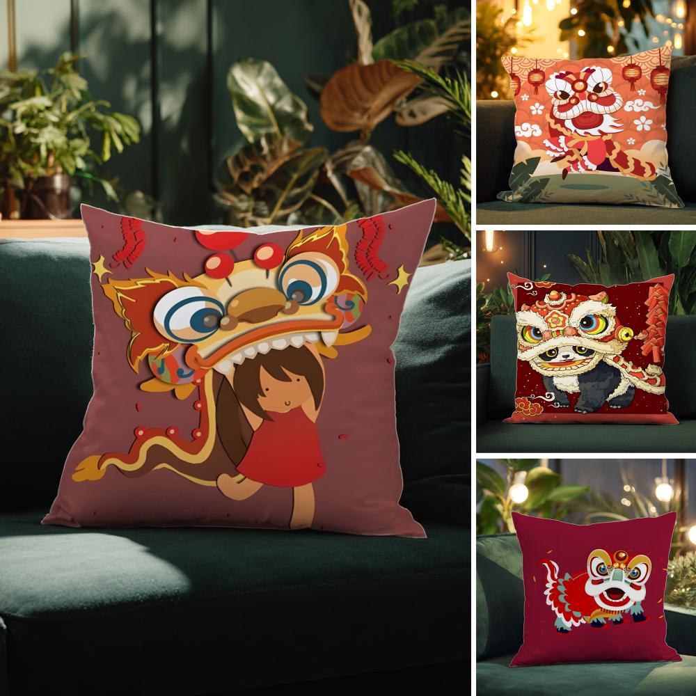 Chinatown Festive Lion Print Pattern Pillow Case Comfort Sofa Bed Silky Elegant Invisible Zipper Decorative Cushion Cover