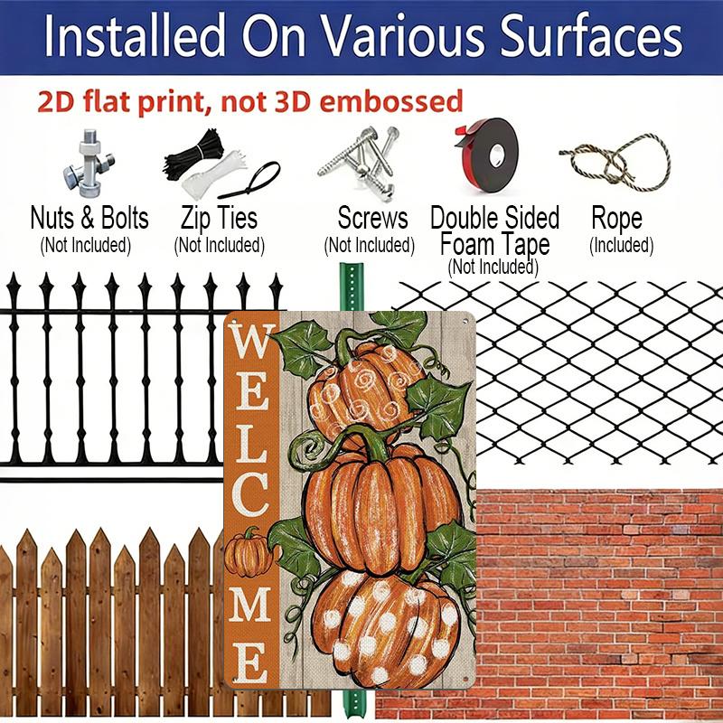 2D Flat Welcome Polka Dot Pumpkin Autumn Farmhouse Metal Sign - 8.0x12.0inch Aluminum Wall Art, Rustic Fall Harvest Front Porch Decor, Pre-Drilled