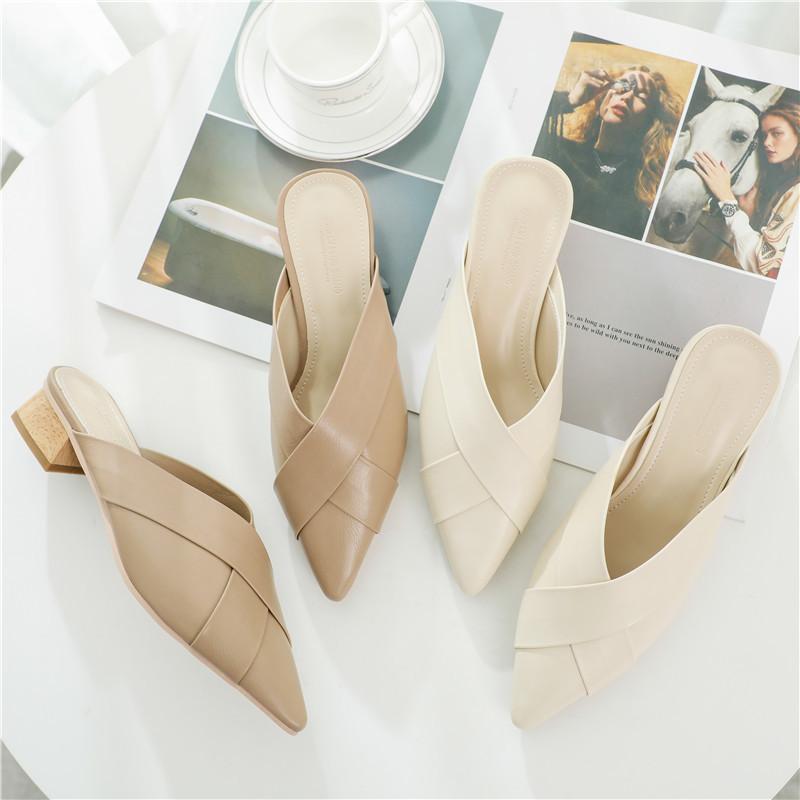 Women Female Fashion Casual Crossed Knit Pointed Toe Half Slides Med Chunky Heels Woman Slippers Scuff Mules Shoes 869