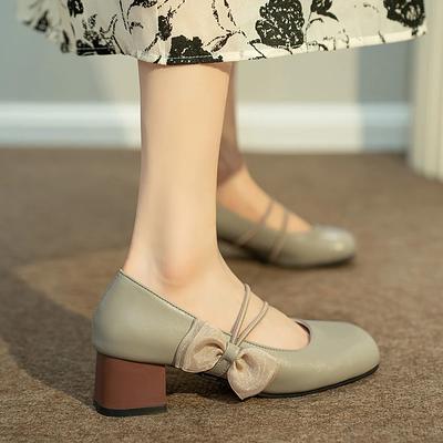 Fashion 2024 Spring and Summer Retro Style Bow Tie Mary Janes Women's Shoes Round Toe Thick Heel Temperament Versatile Shallow Mouth