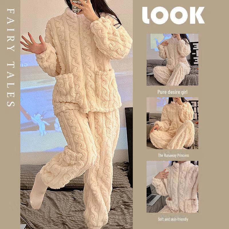 

Женский фланелевый пижамный комплект на молнии — высокий воротник, плотный теплый флисовый костюм кораллового цвета для осени и зимы. 4XL