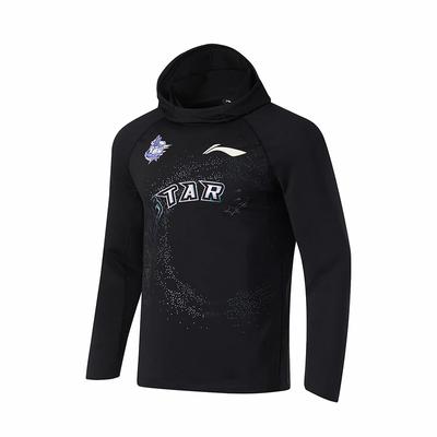 Li Ning CBA All-Star Series Sezon 23-24 Długi Rękaw Raglanowy T-shirt z Kapturem Męski Tops Czarny ATLU157-1