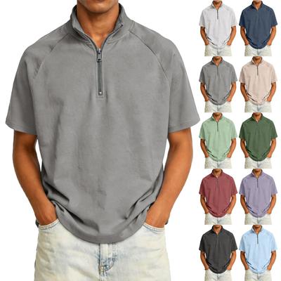 Camisa Casual Masculina de Manga Curta com Zíper Meio da Frente e Gola Alta