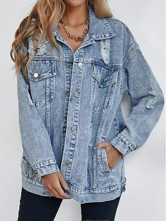 Women's Oversized Ripped Denim Boyfriend Jacket