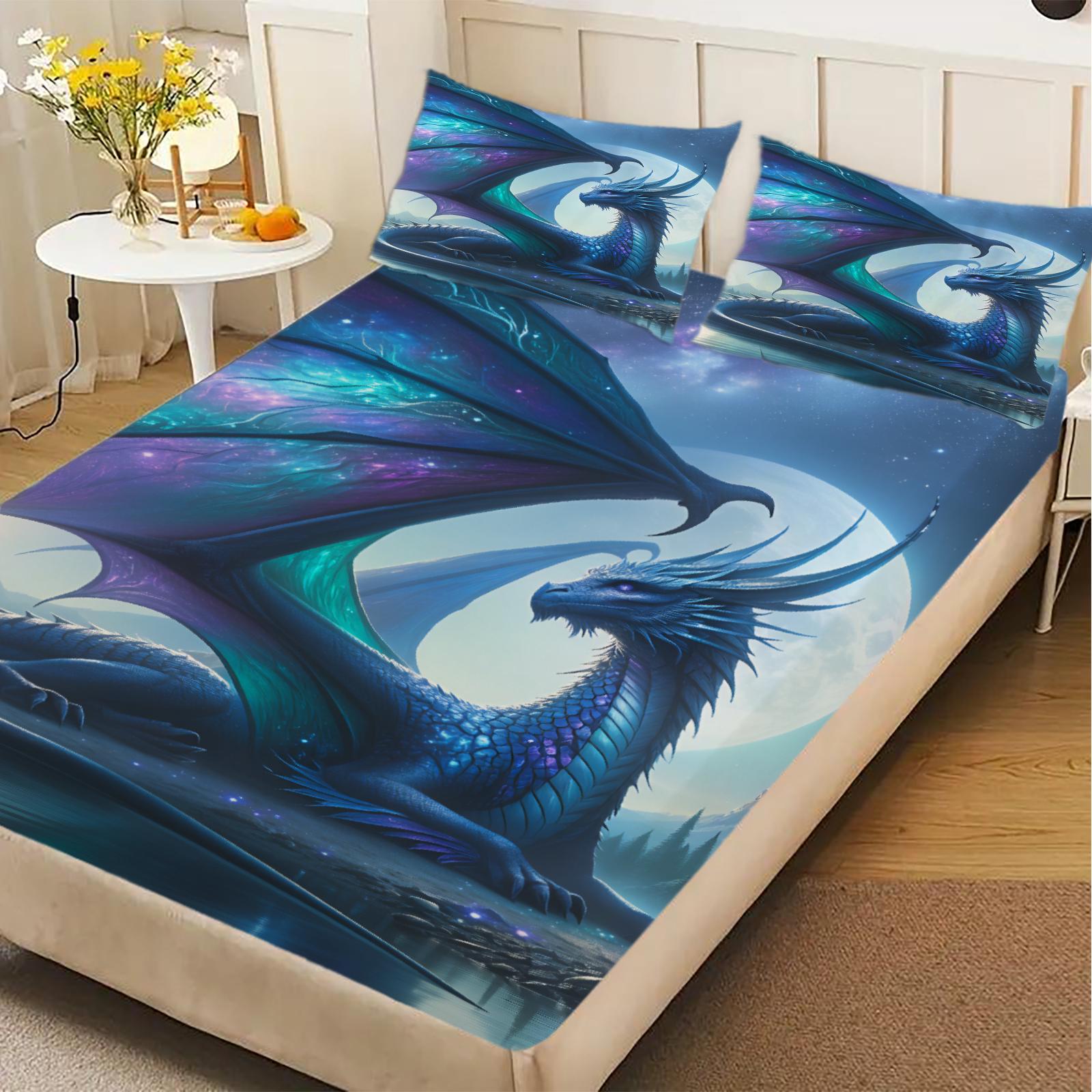 

3pcs Fitted Sheet Set Dragon 3D Printed Fantasy Dragon Wrinkle Resistant Anti-Slip Bed Sheet With Pillowcases For Bedroom Decor 99x190x25cm