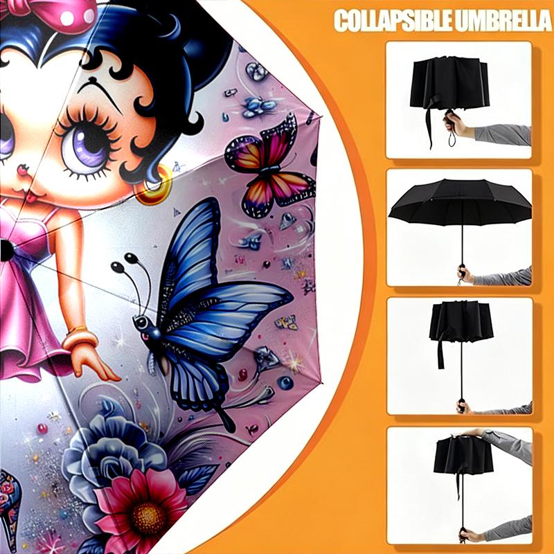 1pc Sturdy 8-Bone Auto Umbrella, Betty Boop Umbrella, Digital Printed, Foldable Umbrella for On-the-Go Outdoor Use