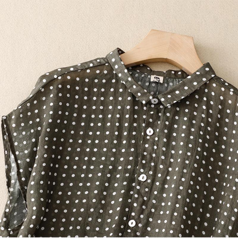 Καλοκαιρινό Λεπτό Βαμβακερό Λινό Μπλούζα Γυναικείο Καλλιτεχνικό Casual Loose Πουά Αμάνικο Πουκάμισο Μαύρο Πράσινο