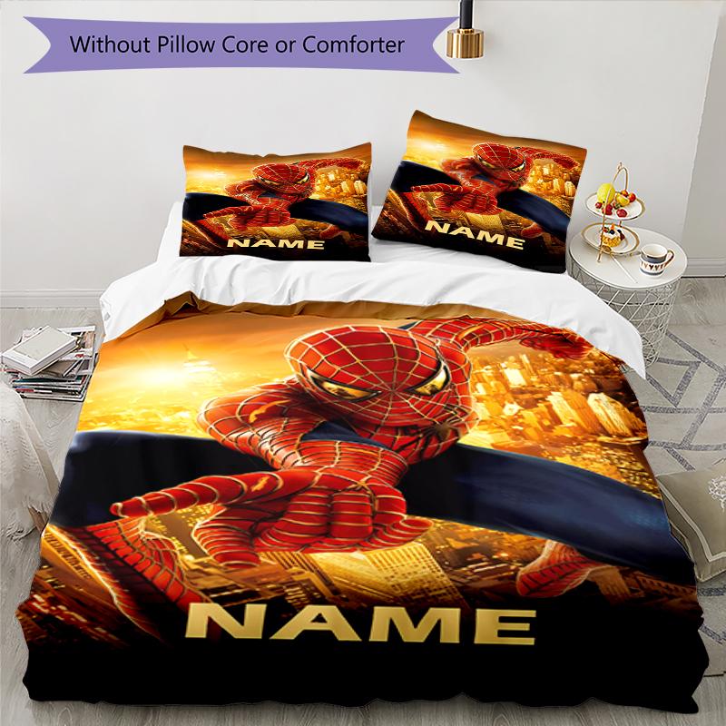 3pcs Custom Name Spider Man Bedding Set Duvet Cover Closure Includes 1 Duvet Cover & 2 Pillowcases, Soft and Comfortable for All Seasons.