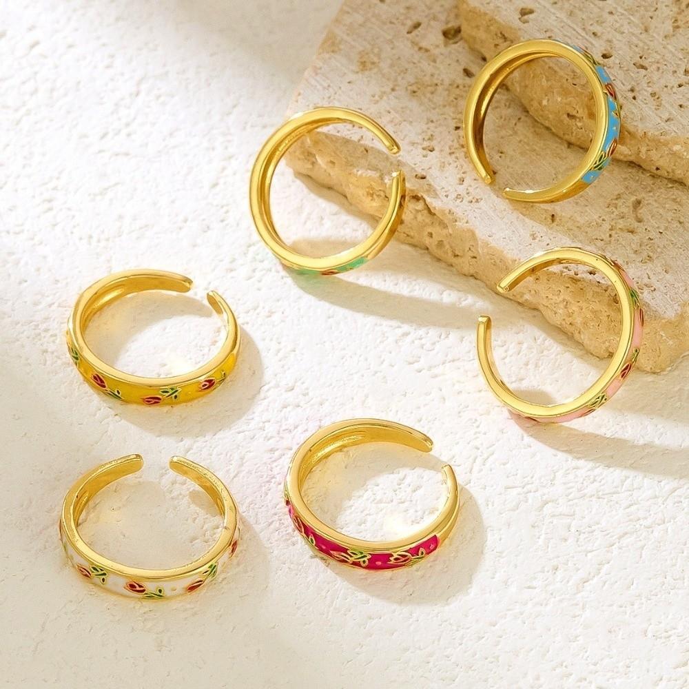 Unique Vintage Geometric Ring Flower Adjustable Tulip Ring Bohemian Enamel Open Ring Parties
