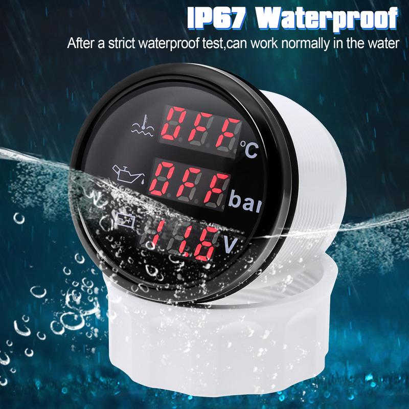 3 In 1 Digital 52mm Gauge with Alarm 0~120℃ Water Temperature Gauge+Oil Pressure+Voltage with Oil Press/Water Temp Sensor