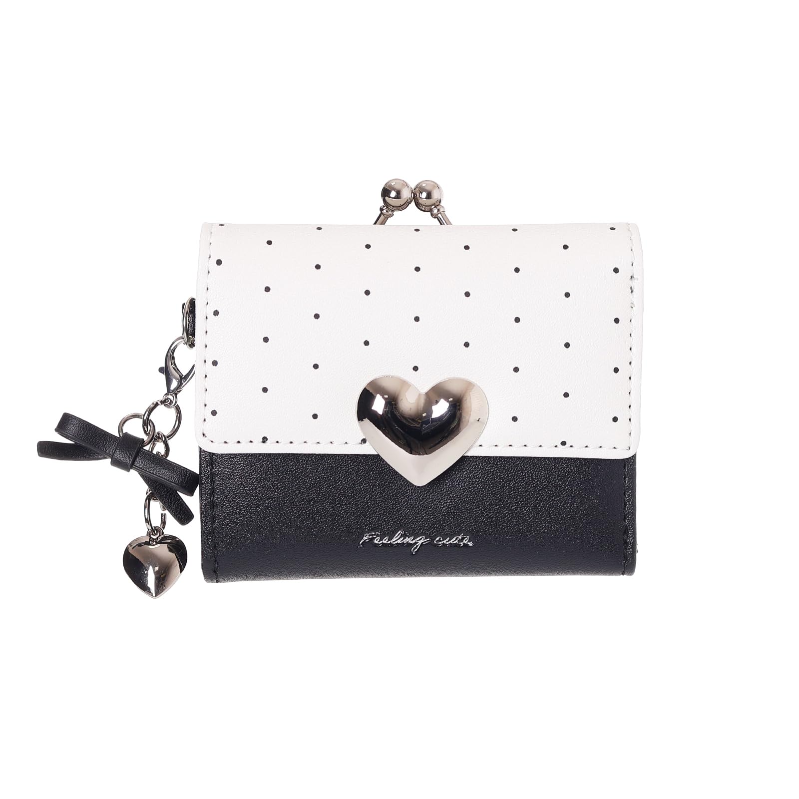 

Coboca+ WC25153 Polka Dot Women s Wallet with Silver Heart Charm, BlackWhite, Eight Card Slots, 9cm x 10cm x 3cm, Snap Closure (White)