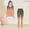 Women Plus Size Hooded Long Sleeve Blue Brown Printed High Low Top Fitted Pants Two Piece Set