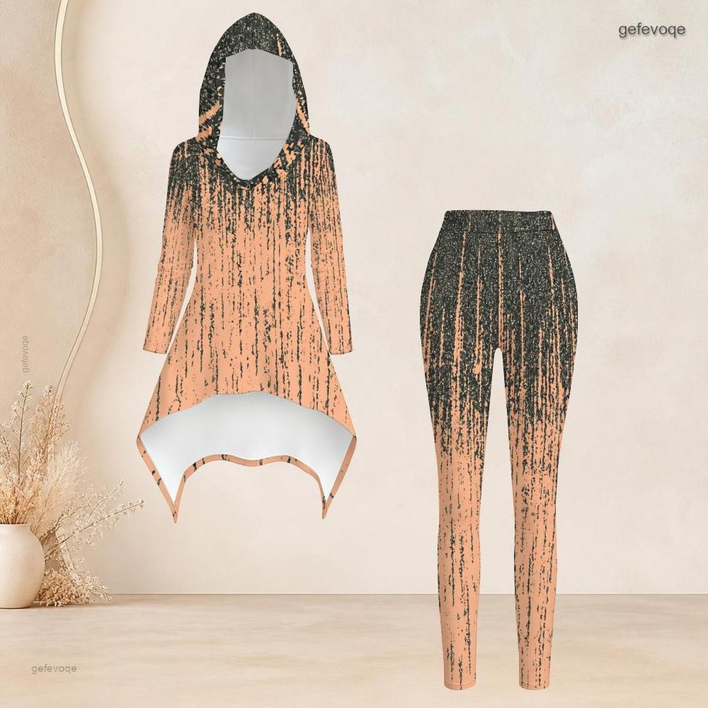 Women Plus Size Hooded Long Sleeve Blue Brown Printed High Low Top Fitted Pants Two Piece Set