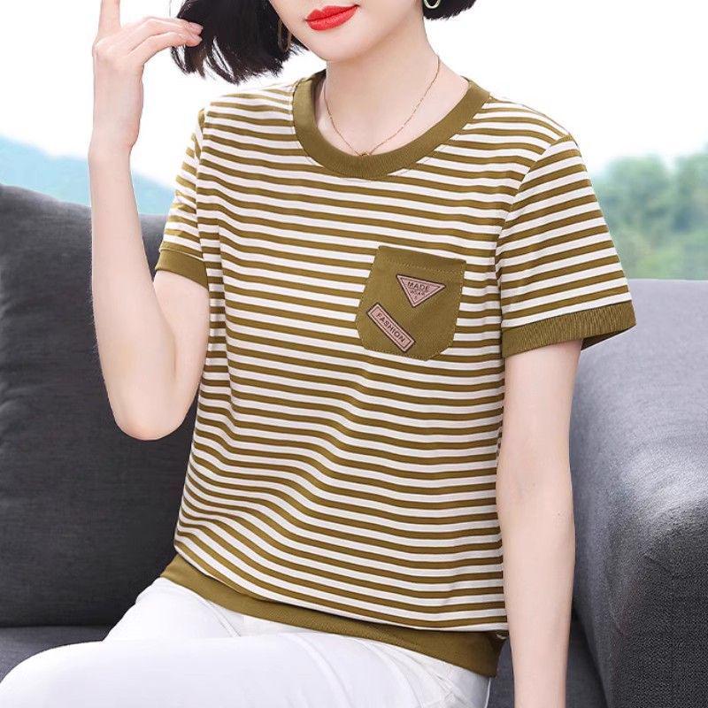 Summer Stripe Short-Sleeve T-Shirt for Middle-Aged Women - Casual & Youthful Style