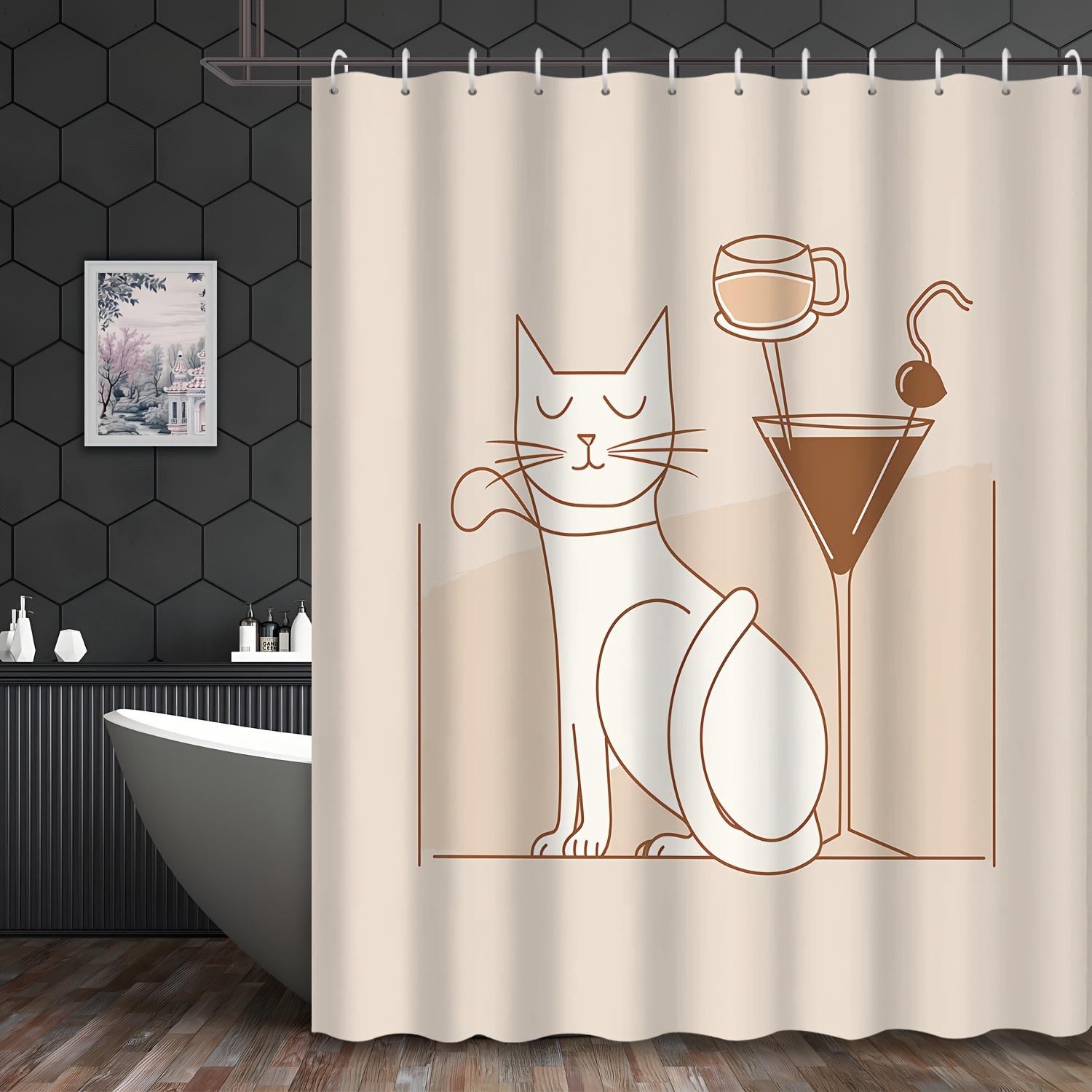 

Water-Resistant Cartoon Cat & Drink Shower Curtain , Machine Washable Polyester with Hooks, Decorative Bath Accessory W90xH180cm