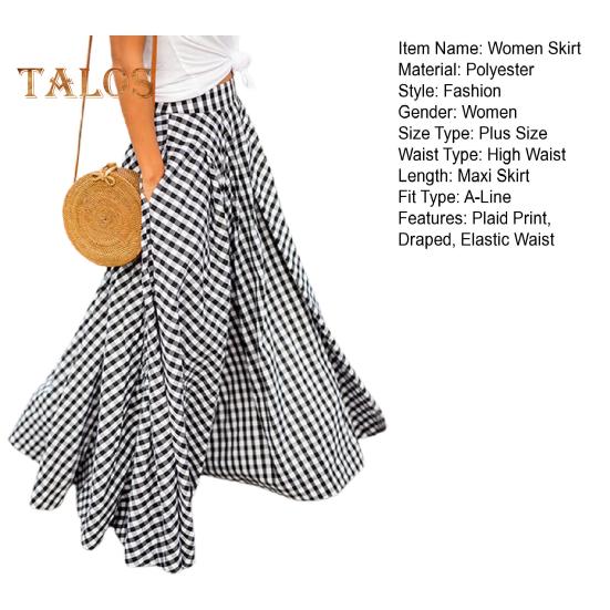 Jupe longue élastique taille haute pour femme, imprimé écossais, jupe trapèze avec poches, grand ourlet, jupe rétro, streetwear