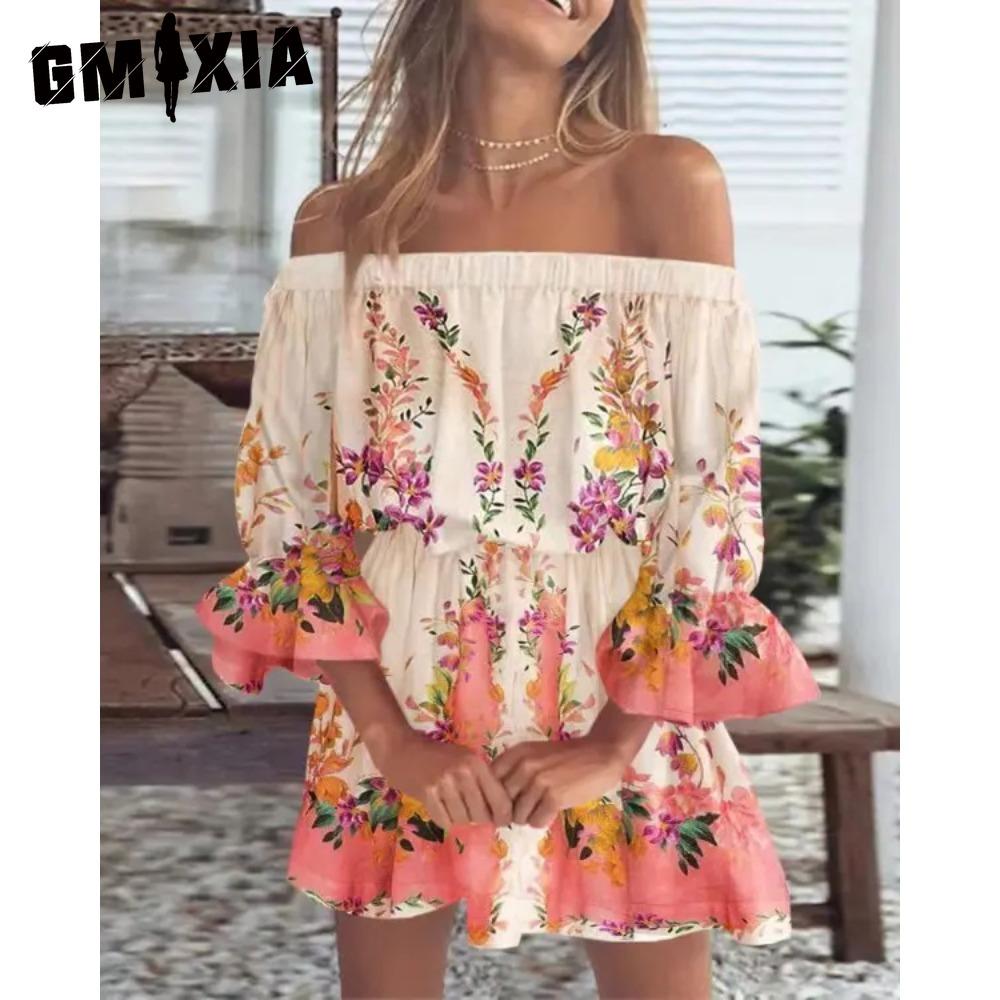 GMXIA Women Floral Print Mini Dress Summer Sexy Off Shoulder Flare Sleeve Tunic Dress Female Casual Boho Beach Dress